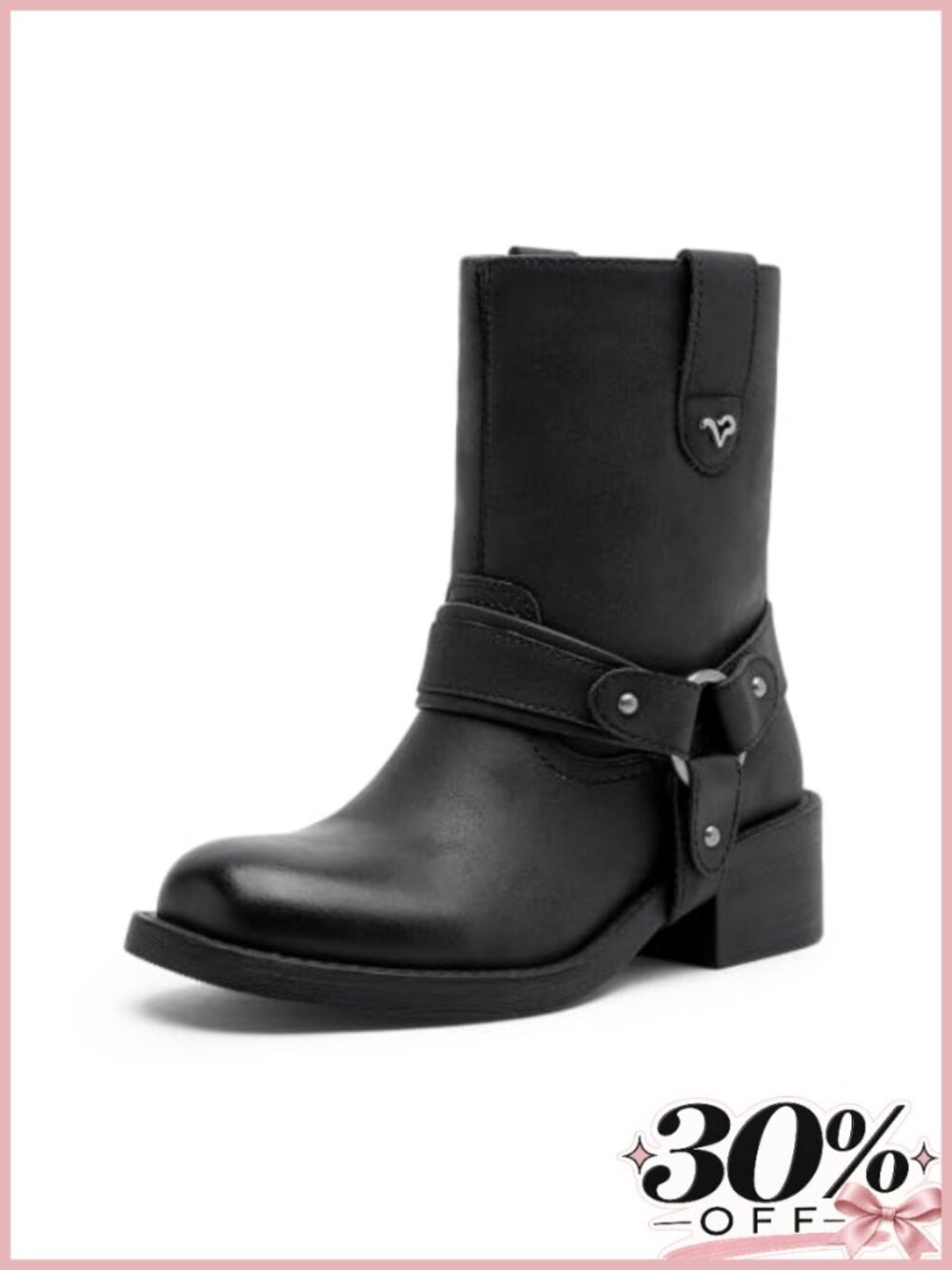 Faux Leather Moto Ankle Boots Square Toe Removable Harness Block Heel